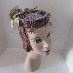 SALE Vintage Open Circle Hat Brown Velvet Huge Rose Flocked Veil